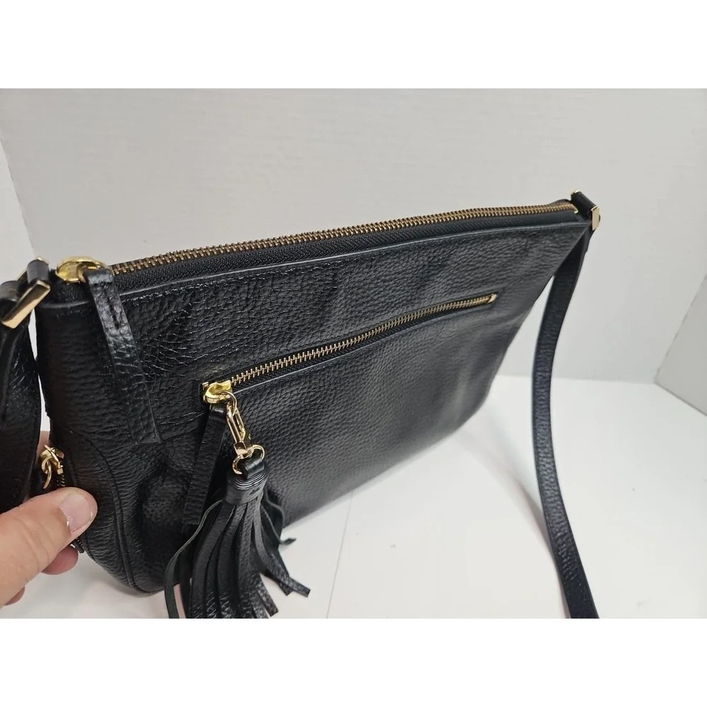 Halogen Black Pebbled Thick Leather Adjustable Crossbody Shoulder Bag Tassel (F)